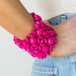 NWT Pink Oversized Wooden Beads Boho Tropical Inspired Fashion Stretch B…